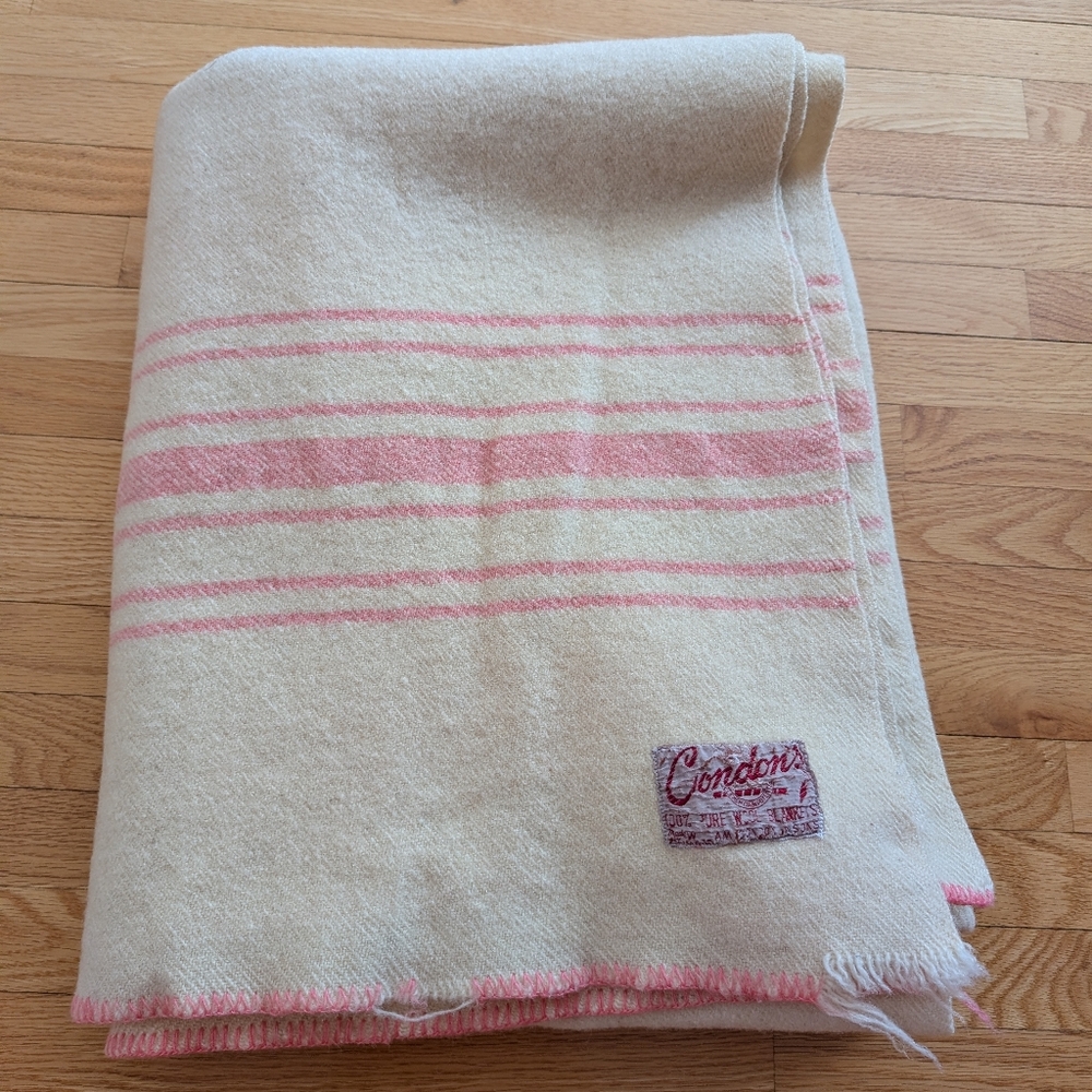 Condon's 100% Wool Blanket 56" X 72" Cream Pink Stripes Blanket Stitch Woolen - Picture 10 of 10